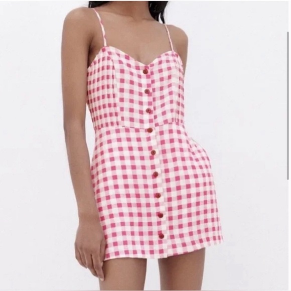 ZARA Pink Gingham Checked Buttoned Linen Playsuit Jumpsuit Dress - Picture 7 of 11